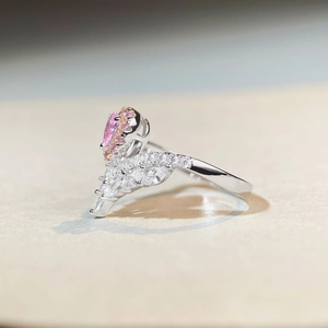 S925 silver V-shaped ring with pink pear-shaped gemstone and marquise accent stones
