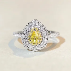 Luxury 925 Sterling Silver Pear Cut Yellow Zirconia Halo Ring Elegant Double Halo Pave Setting Promise Ring For Women Jewelry