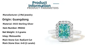 Detail showing S925 sterling silver ring with 2ct radiant cut green moissanite specifications