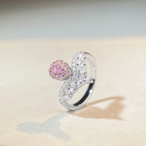 Elegant S925 sterling silver V-ring with teardrop pink gemstone and marquise accents