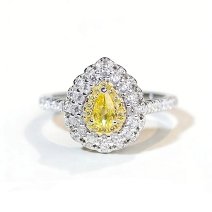 Luxury 925 sterling silver ring with pear-cut yellow gemstone and double halo diamonds