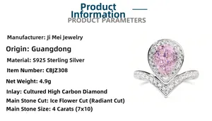 Détails de la bague en argent S925 avec diamant rose 4ct taillé en poire