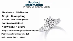 Détail d'une bague en argent S925 avec moissanite de 3 carats de taille feu d'artifice