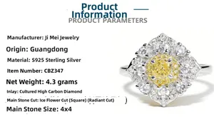 Detail view of S925 sterling silver ring with 4x4 radiant cut yellow carbon diamond