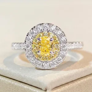 Luxurious 925 Sterling Silver Zirconia Halo Ring For Women Oval Yellow Pink Zirconia Pave Wedding Engagement Finger Ring