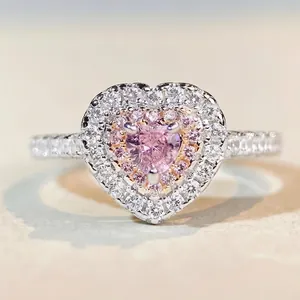 Luxury 925 Sterling Silver Heart Shaped Rhinestone Halo Ring For Women Pink Yellow Rhinestone Ice Flower Cut Engagement Jewelry