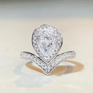 S925 Sterling Silver Pear Cut Zirconia Ring Women Halo V Shaped Chevron Band Waterdrop Engagement Wedding Party Jewelry
