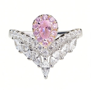 S925 sterling silver V-shaped ring with pear-cut pink zircon and pavé halo