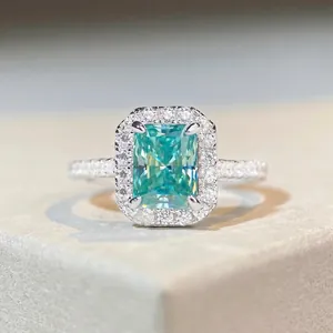 Radiant Cut Mint Green Moissanite Halo Ring 925 Sterling Silver Pave Band Engagement Anniversary Ring For Women Jewelry