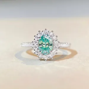 925 Sterling Silver Moissanite Ring Oval Green Gemstone Halo Rhinestone Ring For Women Jewelry Wedding Anniversary Gift
