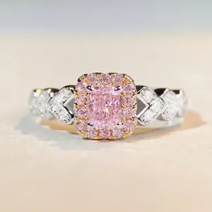 Bague Halo en Argent Sterling 925 Taille Coussin Rose Jaune pour Femmes Mode Bande de Coeur Creux Strass Bijoux de Mariage