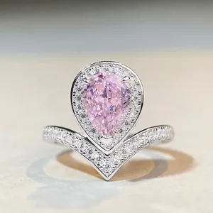 Bague en Argent Sterling 925 Goutte d'Eau Pavé Strass Rose Jaune Blanc Forme de V Halo Bague Élégant Bijoux de Mode