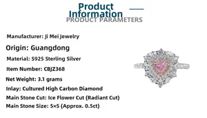 Macro detail of S925 sterling silver ring with heart-shaped pink carbon diamond