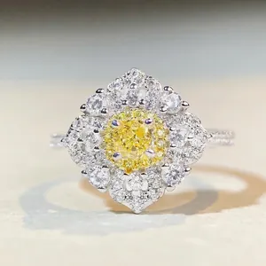 S925 Sterling Silver Yellow Pink Rhinestone Ring For Women Geometric Inlaid Flower Style Fashion Commuter Jewelry Gift