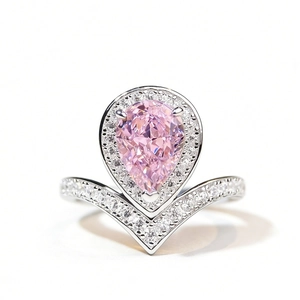 Bague en argent 925 avec diamant rose poire et anneau en forme de V orné de diamants