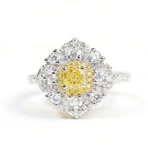 Luxury S925 sterling silver ring featuring a yellow cushion-cut center stone and floral halo