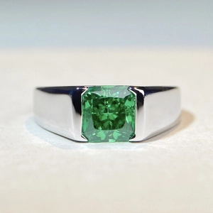 Men's S925 silver ring featuring a large square emerald in a modern bar setting
