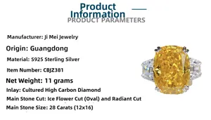 Detail of 28ct yellow radiant ice cut high carbon diamond ring in S925 silver setting