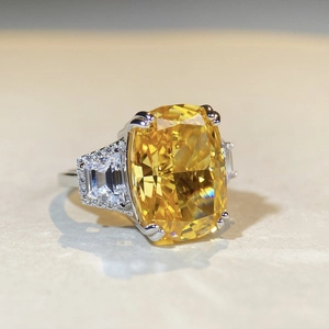 Elegant S925 sterling silver ring with large yellow cushion-cut diamond-like center stone