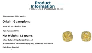 Dettaglio di orecchini in argento S925 con diamanti gialli taglio ghiaccio 4x4mm