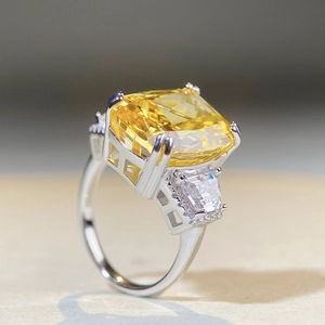 Luxury S925 sterling silver ring with large cushion cut yellow diamond and side stones