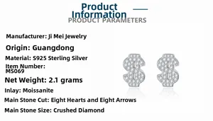 Détail de boucles d'oreilles signe dollar en argent S925 avec pavé de moissanite