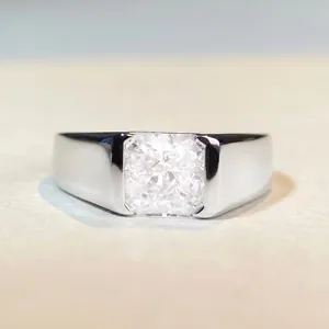 925 Sterling Silver Men's Square Cut Zirconia Ring Minimalist Wide Band Electroplated Fashion Jewelry Unisex Ring Silver