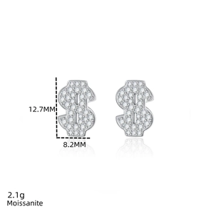 Vue détaillée des boucles d'oreilles signe dollar en argent S925 avec moissanite et dimensions