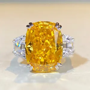 Luxury 925 Sterling Silver Radiant Cut Ring For Women Radiant Ice Cut Yellow Pink Rhinestone Ring For Wedding Banquet Party