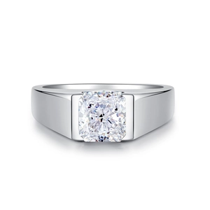 Men's 925 sterling silver ring with a large cushion cut zircon on wide flat band