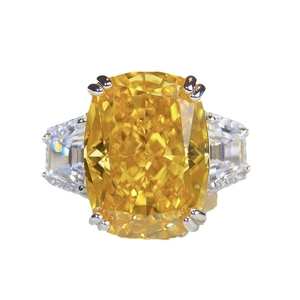 Luxury S925 sterling silver ring with cushion-cut yellow diamond and side stones