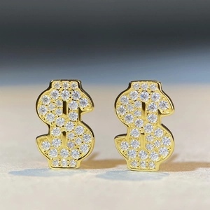 Boucles d'oreilles signe dollar en argent 925 doré avec pavé de pierres moissanite