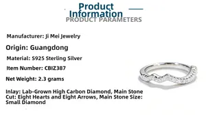 Detail of S925 sterling silver wave ring with eight hearts and arrows cut zircon stones