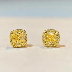 Orecchini a Bottone in Argento Sterling 925 Retro Giallo Strass per Donna Carini Quadrati Taglio Cushion Halo Gioielli Moda