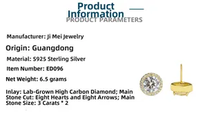 Detail view of 3 carat S925 sterling silver stud earrings with Hearts and Arrows cut