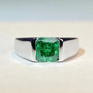 S925 Sterling Silver Ring For Men Large Emerald Cut Zirconia Wide Polished Band Geometric Statement Jewelry Finger Ring Gift
