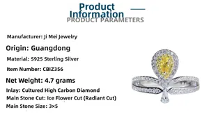 Macro view of S925 sterling silver ring with 3x5mm pear cut yellow carbon diamond detail