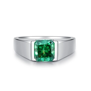 Men's S925 sterling silver ring featuring a square-cut emerald gemstone in a wide band