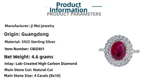 Détail de la bague en argent S925 avec rubis ovale de 4ct et entourage de diamants fins
