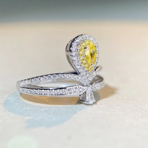 S925 sterling silver ring with pear cut yellow stone and halo setting for women