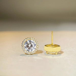 Classic round halo moissanite stud earrings in 18k white gold plated silver