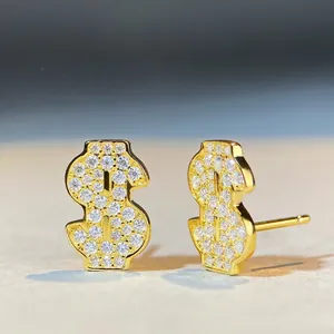 Boucles d'Oreilles Clous Signe Dollar en Argent Sterling 925 pour Femme Hip Hop Moissanite Couleur D Pavé Bijoux Boucles d'Oreilles Cadeau