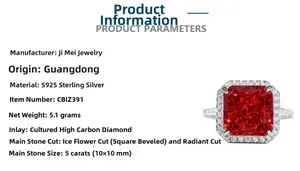 Dettaglio anello in argento S925 con rubino sintetico da 5ct taglio radiant ice-flower