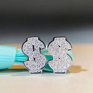 Boucles d'Oreilles Clous Signe du Dollar en Argent Sterling 925 Moissanite Hip Hop Bijoux Iced Out Bling pour Femme