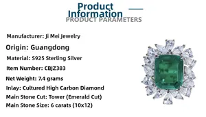 Detailed view of S925 sterling silver ring with 6ct emerald-cut green gemstone and diamonds