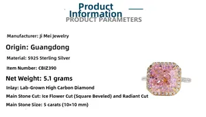Detail of S925 silver ring featuring 5ct pink radiant cut high carbon diamond