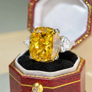Luxurious S925 sterling silver ring with yellow cushion cut stone in red gift box