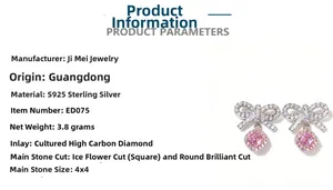 Detail of S925 silver bow earrings featuring radiant cut pink lab-grown diamonds