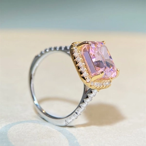 Luxurious S925 silver ring with pink radiant cut zircon and halo diamond setting