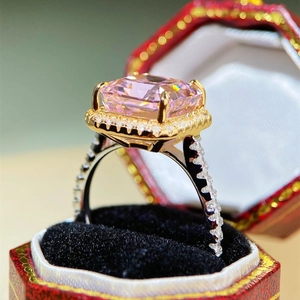 Elegant S925 silver halo ring with a radiant pink rectangle stone and pavé diamond band